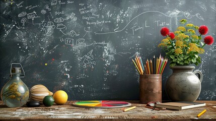 art class background with sketchbooks and pencils, an artist palette icon on a table, an art class concept banner design