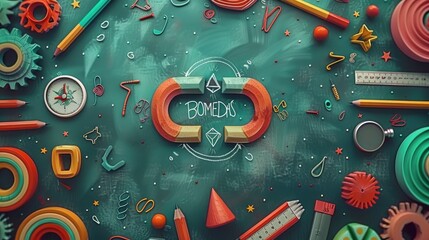 blackboard with geometric shapes on a grey background, math class banner with copy space area for text and design elements.