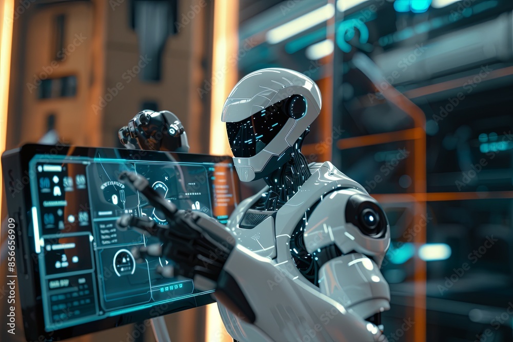 Aufkleber A white humanoid robot with a sleek design uses a touchscreen interface, showcasing advanced AI functions and options. Generative AI