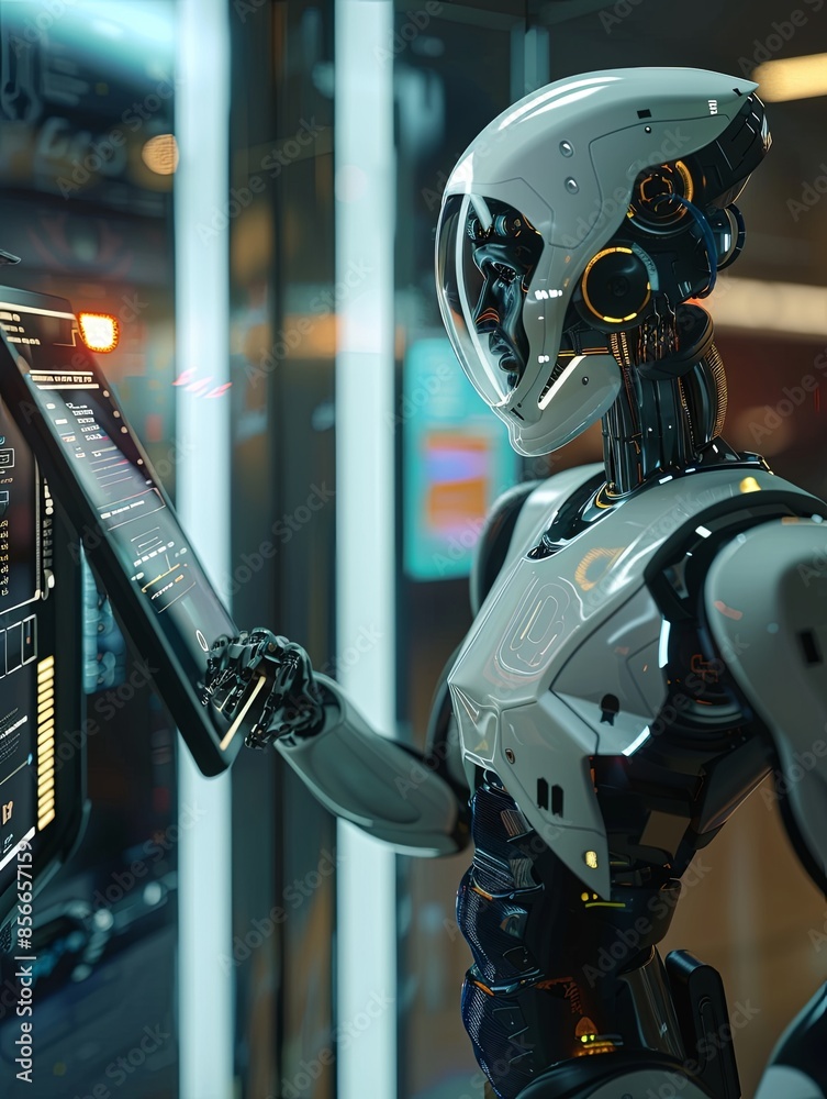 Poster a futuristic humanoid robot with a sleek white exterior interacts with a touchscreen interface, disp