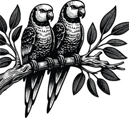 set of parrots sitting on a branch silhouette, on a white background, vector