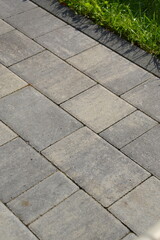 Brick pavement cobblestone footpath with grass lawn