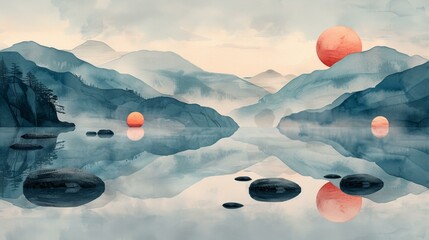 Peaceful Mountain Landscape with Calm Lake and Sunset, Artwork