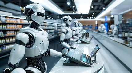 Innovations in AI Retail: Futuristic Store with Robotic Assistants and Smart Shelves