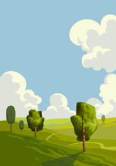 Nature landscape with green meadow, grass, trees and blue sky  vector illustration background. Scenery panorama design for banner, poster, template, background.