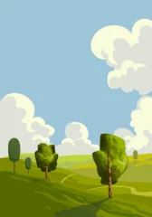 Fototapete Bauernhof Nature landscape with green meadow, grass, trees and blue sky  vector illustration background. Scenery panorama design for banner, poster, template, background.  © Suryadi