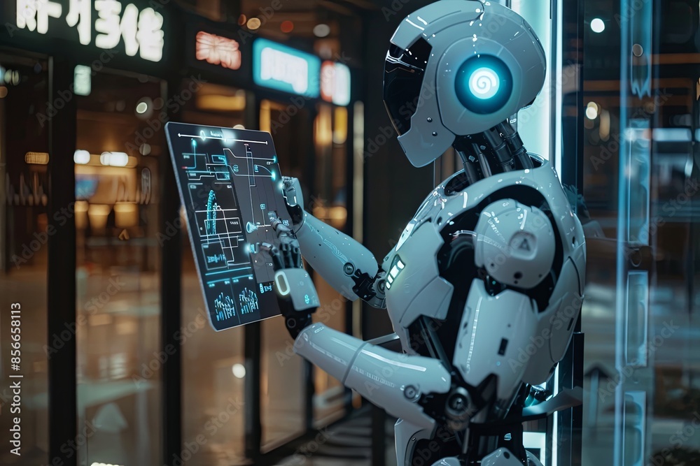 Fototapete A white humanoid robot with a touchscreen interface interacts with a human in a sleek, modern setting. Generative AI