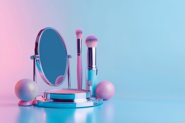 Naklejka premium Makeup products and mirror on blue background with pink color, beauty concept. , abstract photography style, stock photo for advertising of makeup tools set and cosmetics in colorful pink colors.