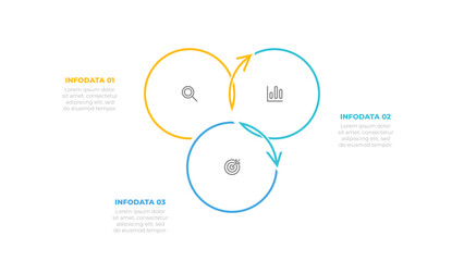 Naklejka premium Business infographic label design with circles and arrows. Cycle process elements with 3 options or steps. Vector illustration.