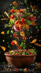 Realistic levitation photography of a vibrant taco salad in a clay dish, hovering against a black background, detailed ingredients, high resolution, dynamic composition