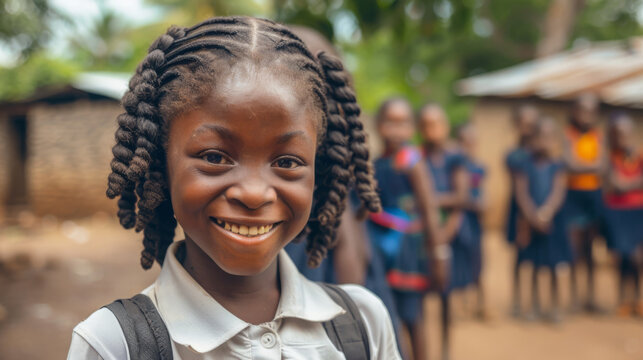 A schoolgirl from an African tribe goes to a poor school. A schoolgirl from Africa against the backdrop of a school and students.