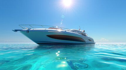 Luxury yacht cruising on clear turquoise waters with blue sky and copy space