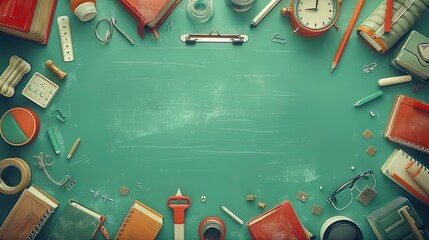 blue whiteboard with markers on a grey background, teaching tools banner with copy space area for text and design elements