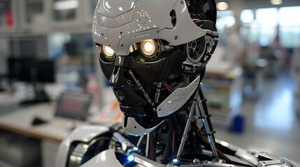Fototapeta premium Advanced Humanoid Robot with AI Technology in High-Tech Lab Setting Showcasing Precise Engineering and Intricate Design