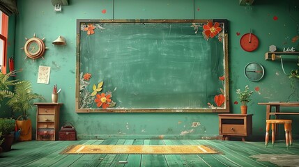 blue whiteboard with markers on a grey background, teaching tools banner with copy space area for text and design elements