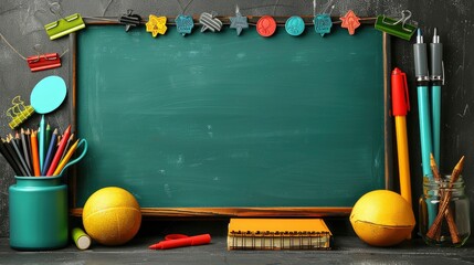 blue whiteboard with markers on a grey background, teaching tools banner with copy space area for text and design elements