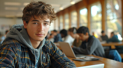 A group of students working on laptops in a study lounge.