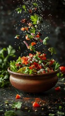 Stunning levitation image of a taco salad in a traditional clay dish, suspended in mid-air, set against a dark backdrop, realistic textures, vivid colors