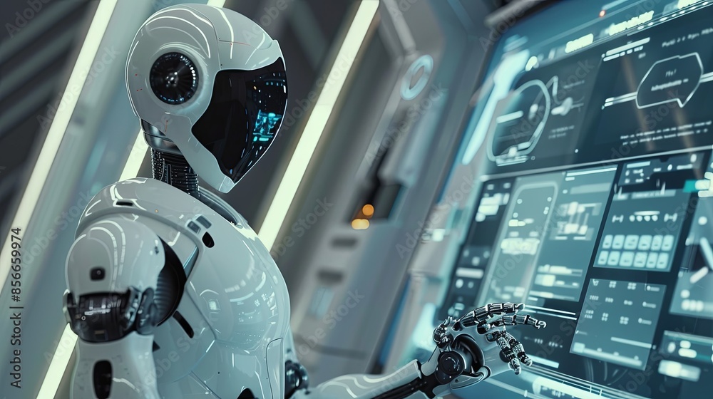 Aufkleber A white humanoid robot with a touchscreen interface interacts with a human in a sleek, modern setting. The screen displays various AI functions and options. Generative AI