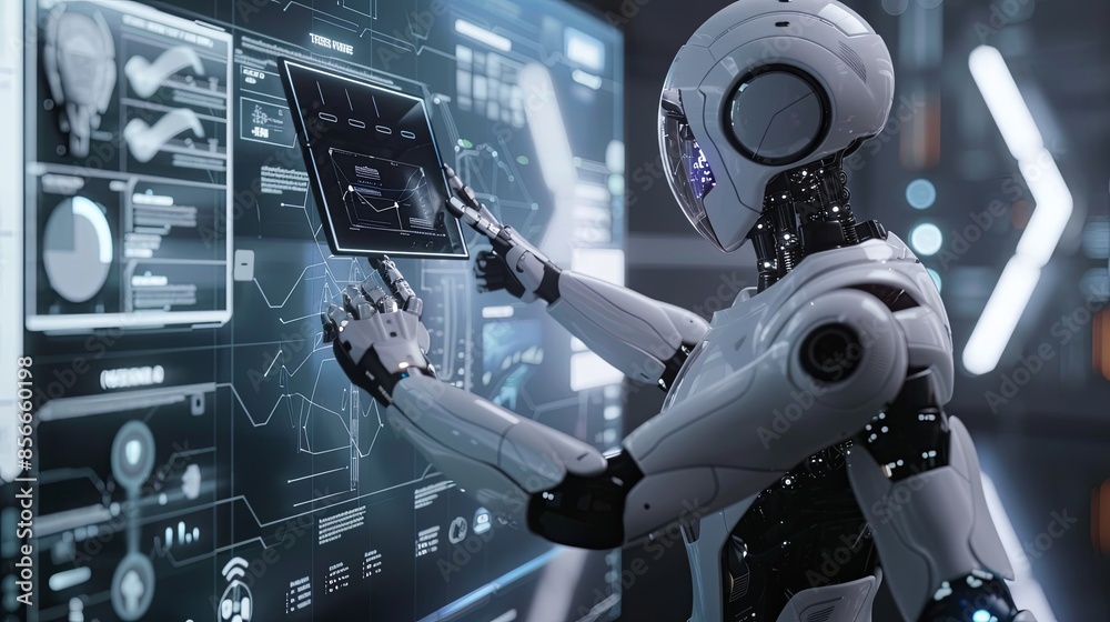 Poster a humanoid robot interacts with a large touchscreen interface in a sleek, modern setting, accessing 