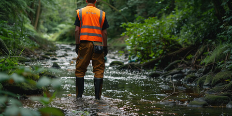 A man in high-viz clothes checking the water quality  from a stream