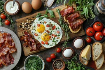 Bacon, eggs, tomatoes, and bread arranged on a wooden board for a hearty breakfast meal