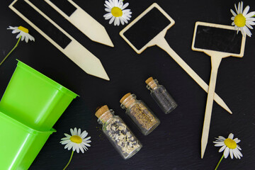 Nasiona roślin i akcesoria ogrodnicze na czarnym tle.  © Katarzyna