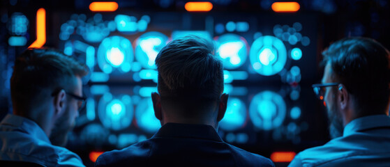 Obraz premium Three men are sitting in front of a computer screen with a blue background