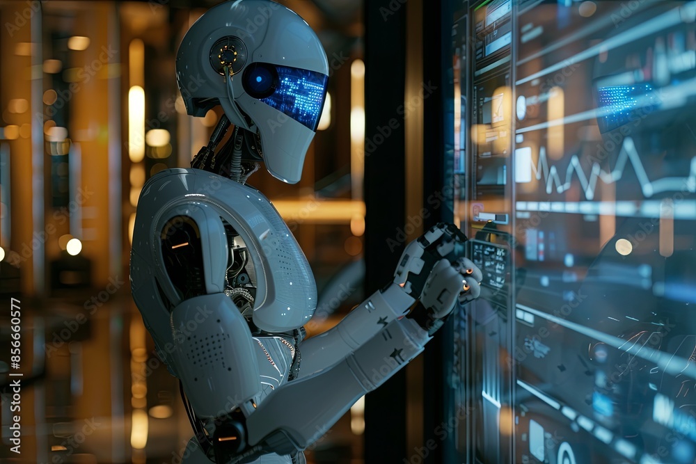 Leinwandbilder a humanoid robot with a sleek design interacts with a large touchscreen interface displaying various