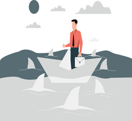Businessman is navigating river amidst sharks.