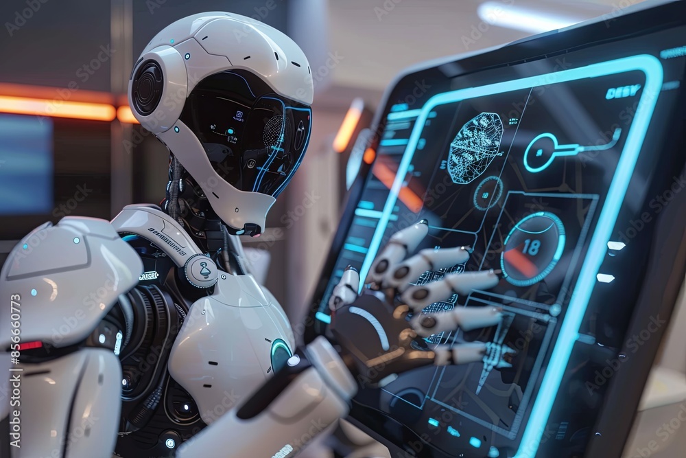 Poster a futuristic white humanoid robot displays ai functions on a touchscreen interface, implying a close