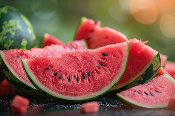 A close-up of a juicy watermelon sliced in half, showcasing its bright red flesh and black seeds, surrounded by watermelon slices.