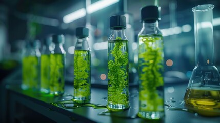 Bathed in gentle light, a laboratory scene captures the essence of scientific exploration with a close-up of a test tube filled with vibrant green algae or plant cells.
