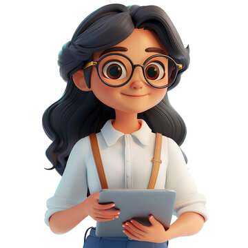 3d cartoon illustration of angled view close up shot of a female programmer holding a laptop, smiling, looking at camera isolated on a white transparent background