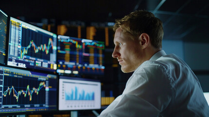 A trader looking at gold stock graphs on a large desktop monitor. investment finance