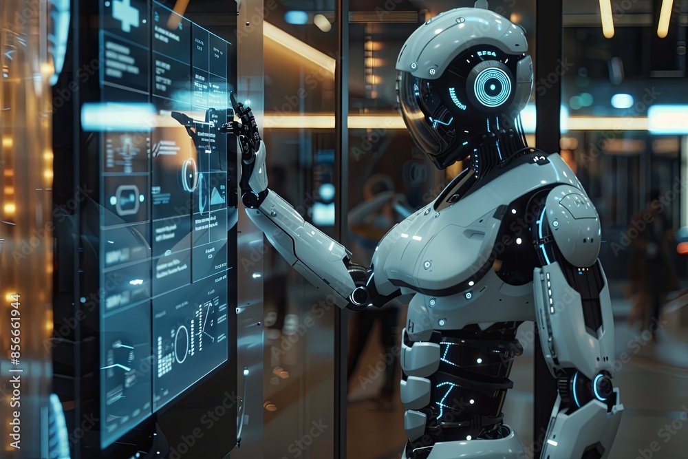 Aufkleber a humanoid robot with a white exterior interacts with a touchscreen interface in a sleek, modern env