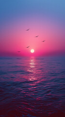 Sunset at sea with bright pink sky and birds in the air, explosion of colors at dusk, dreamy background