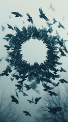 A group of black birds forming a perfect circle in the foggy sky, eerie omen occult symbolism concept