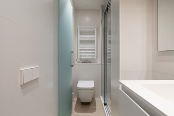 Modern minimalist bathroom with white fixtures, frosted glass door, and clean design