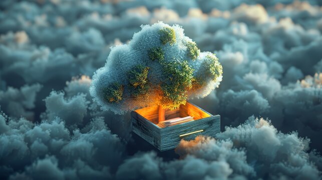 Information stored in filing boxes, drawers, in the sky surrounded by clouds. Cloud document storage concept digital data
