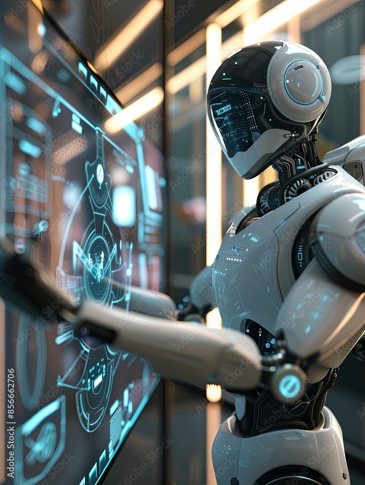 Leinwandbilder a humanoid robot with a touchscreen interface interacts with a human in a sleek, modern setting. gen