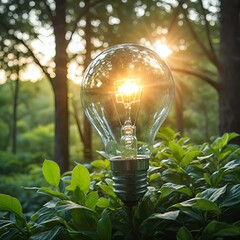 Concetto di energia verde e rinnovabile, lampadina, lampadine accesa in un contorno di foglie, alberi e vegetazione verde