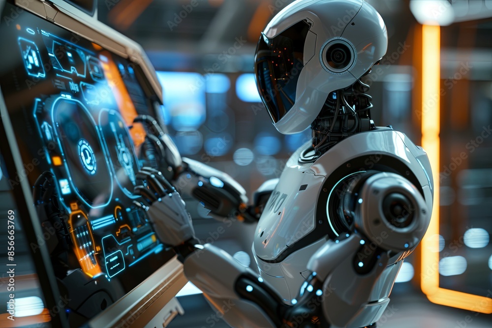 Aufkleber A white humanoid robot with a touchscreen interface interacts with a human in a sleek, modern setting. The screen displays various AI functions and options. Generative AI