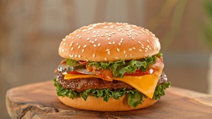 Close-up of home made tasty burgers on old olive wooden table.