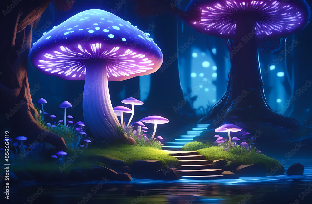 Wall mural A cartoon mushroom tree with glowing blue and purple spores in the forest  - Wall murals