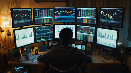 A person using multiple monitors to track gold stock market fluctuations. investment finance