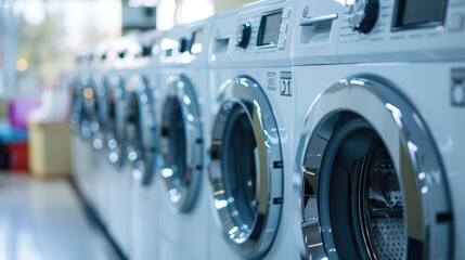 White Front Loading Washing Machines and Dryers in Lined-Up Formation