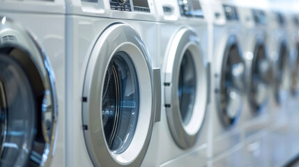 White Front Loading Washing Machines and Dryers in Lined-Up Formation