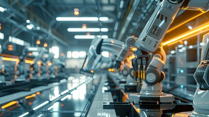 A high-tech manufacturing plant showcases advanced robotic arms and automated systems, driven by AI, to optimize production processes. Generative AI