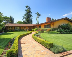 Obraz premium The photo shows a beautiful house with a big green lawn, stone slab path and lots of trees and plants.